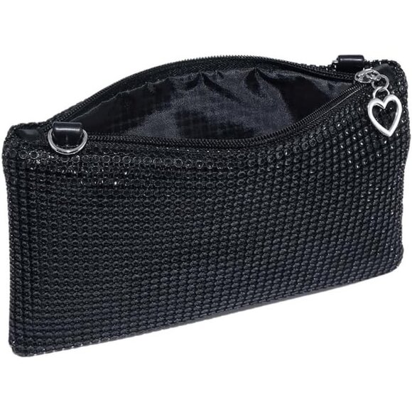 ⚡ Women's Mini Black Shiny Glitter Rhinestone Square Sparkle Evening Clutch Bag - Picture 3 of 7
